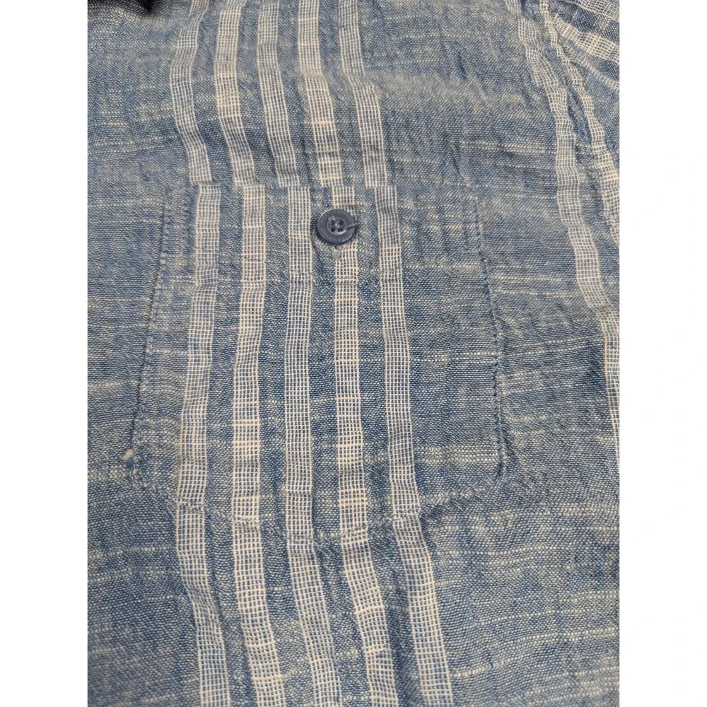 Weatherproof Vintage Mens Blue White Striped Washable Linen Shirt Medium SS‎